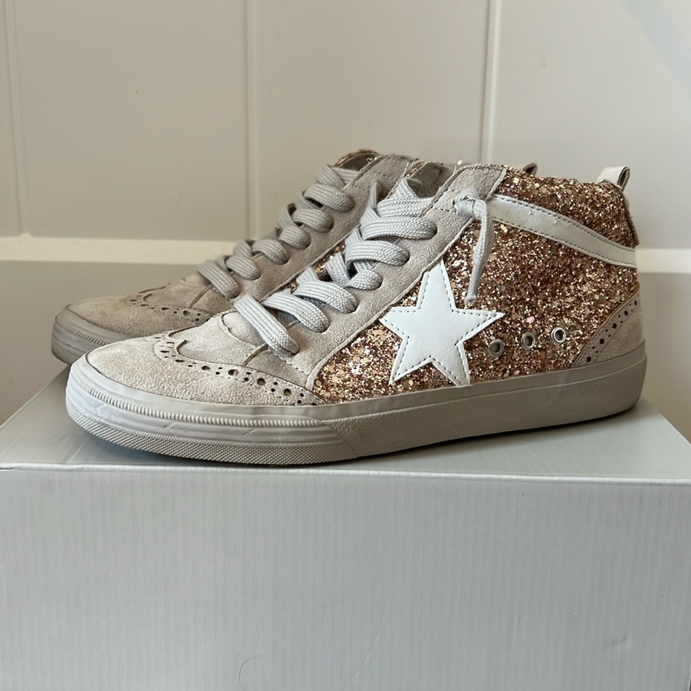 Shu Shop Rina Rose Gold Glitter High Top Sneaker Star Women’s Size 8.5